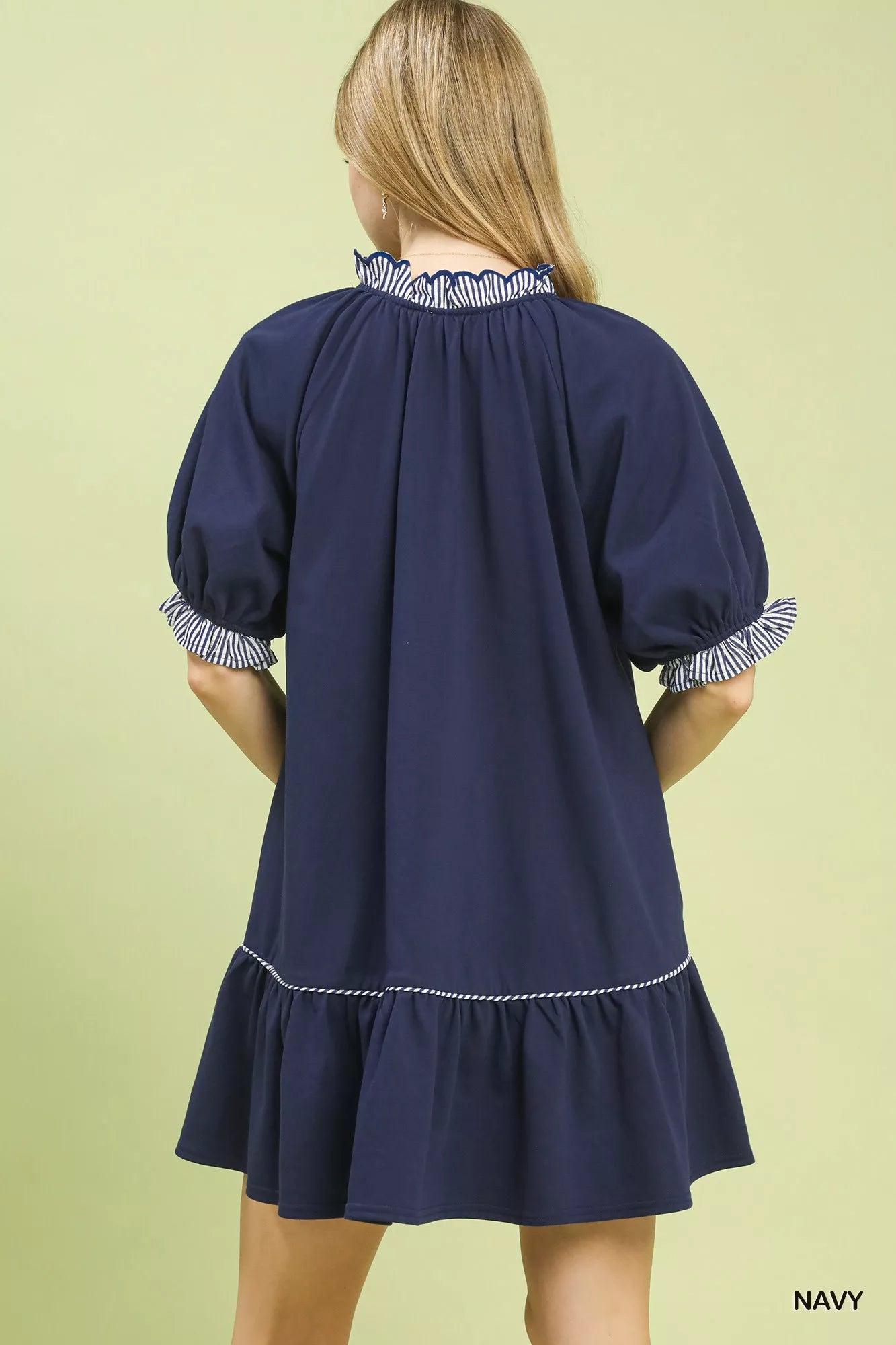 Navy blue Umgee French terry mini dress with ruffled striped trim