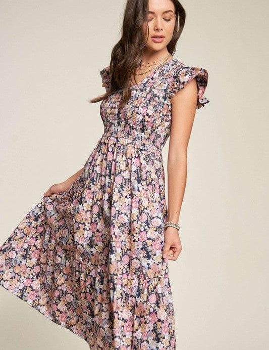 Vintage Garden Floral Flutter Smocking Midi Dress Midi Dresses