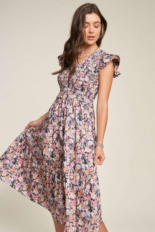 Vintage Garden Floral Flutter Smocking Midi Dress Mid Dresses