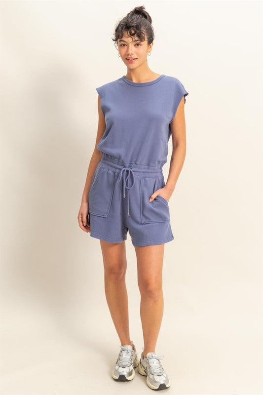 HYFVE Round Neck Cap Sleeve Drawstring Waist Romper Rompers