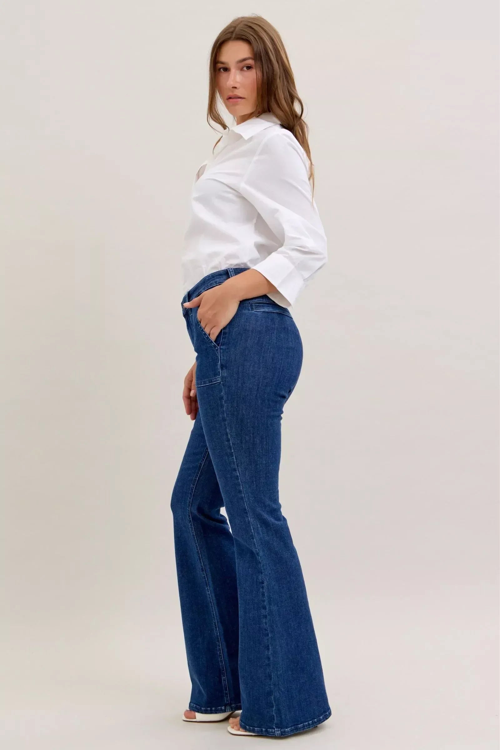 Judy Blue High Waist Flare Jeans with Front Patch Pockets - DAVERRI FASHIONS