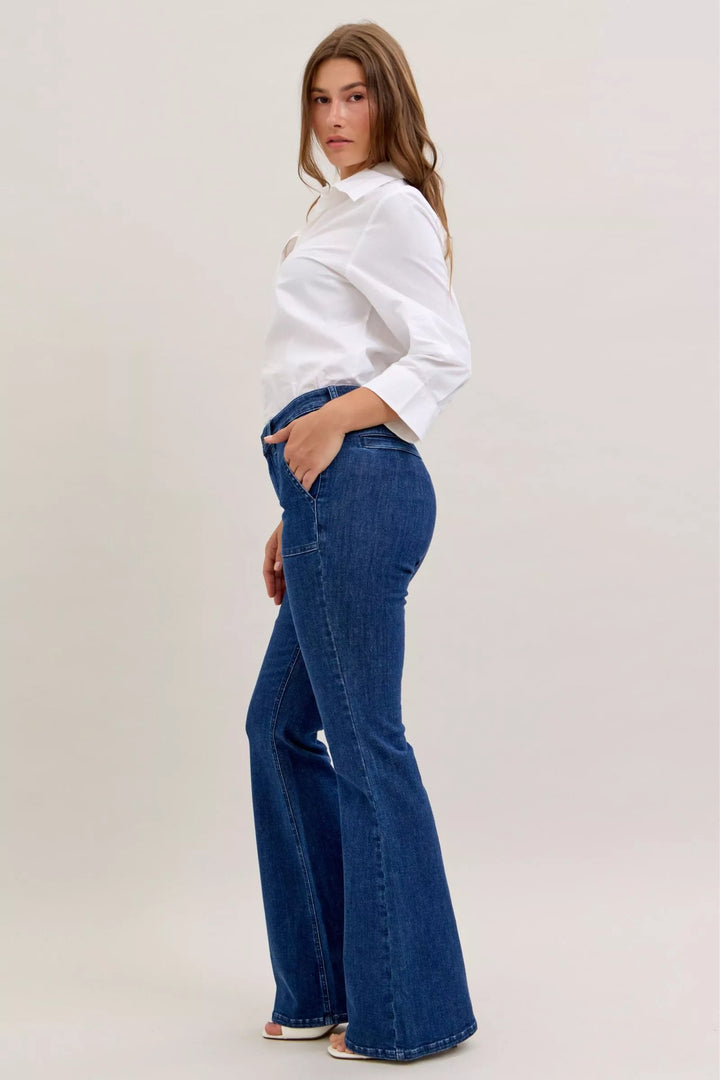 Judy Blue High Waist Flare Jeans with Front Patch Pockets | Jeans Daverri Fashions