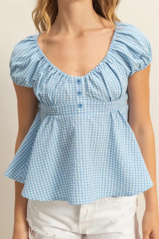 HYFVE Gingham Scoop Neck Cap Sleeve Blouse