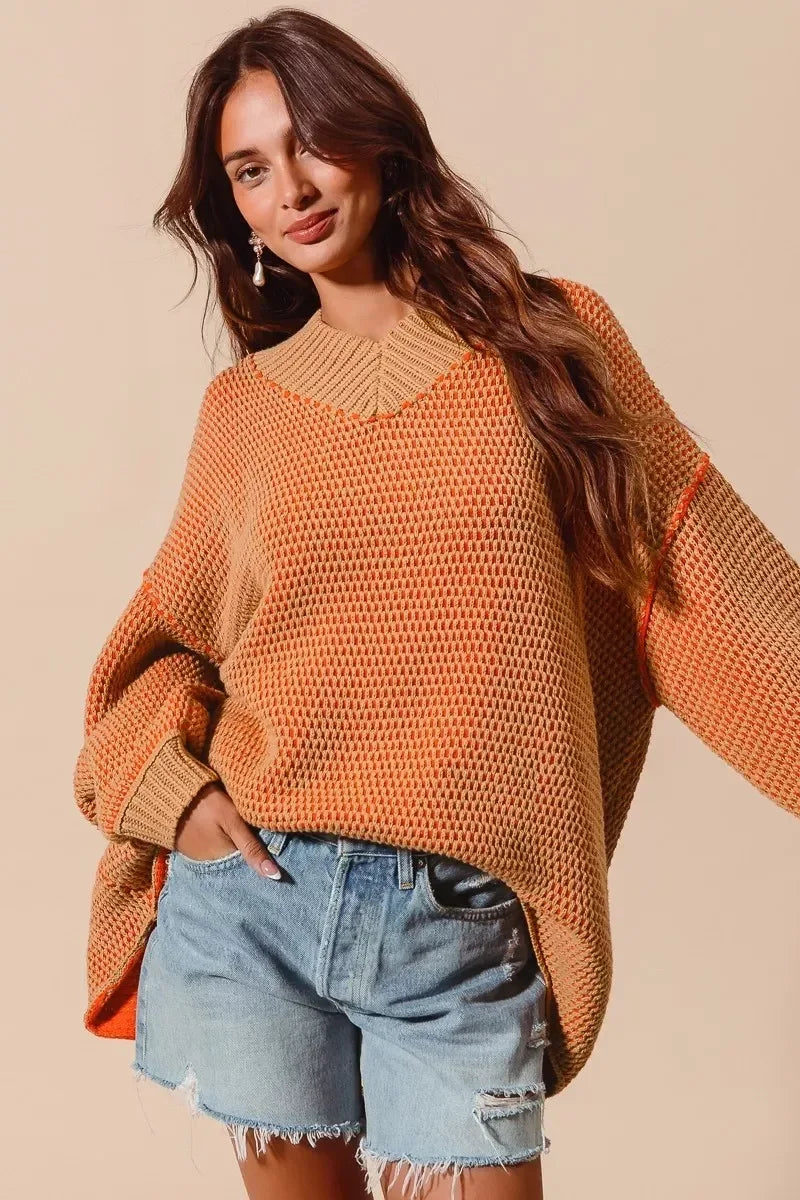 SO ME Oversized Two Tone Textured V Neck Sweater - DAVERRI FASHIONS