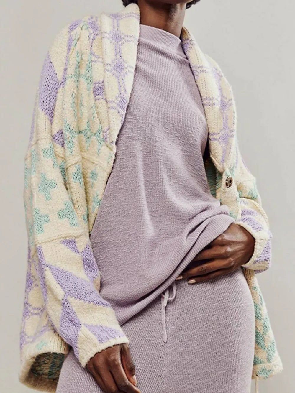 Pink Purple One Size Collared Neck Long Sleeve Cardigan | Cardigans Daverri Fashions
