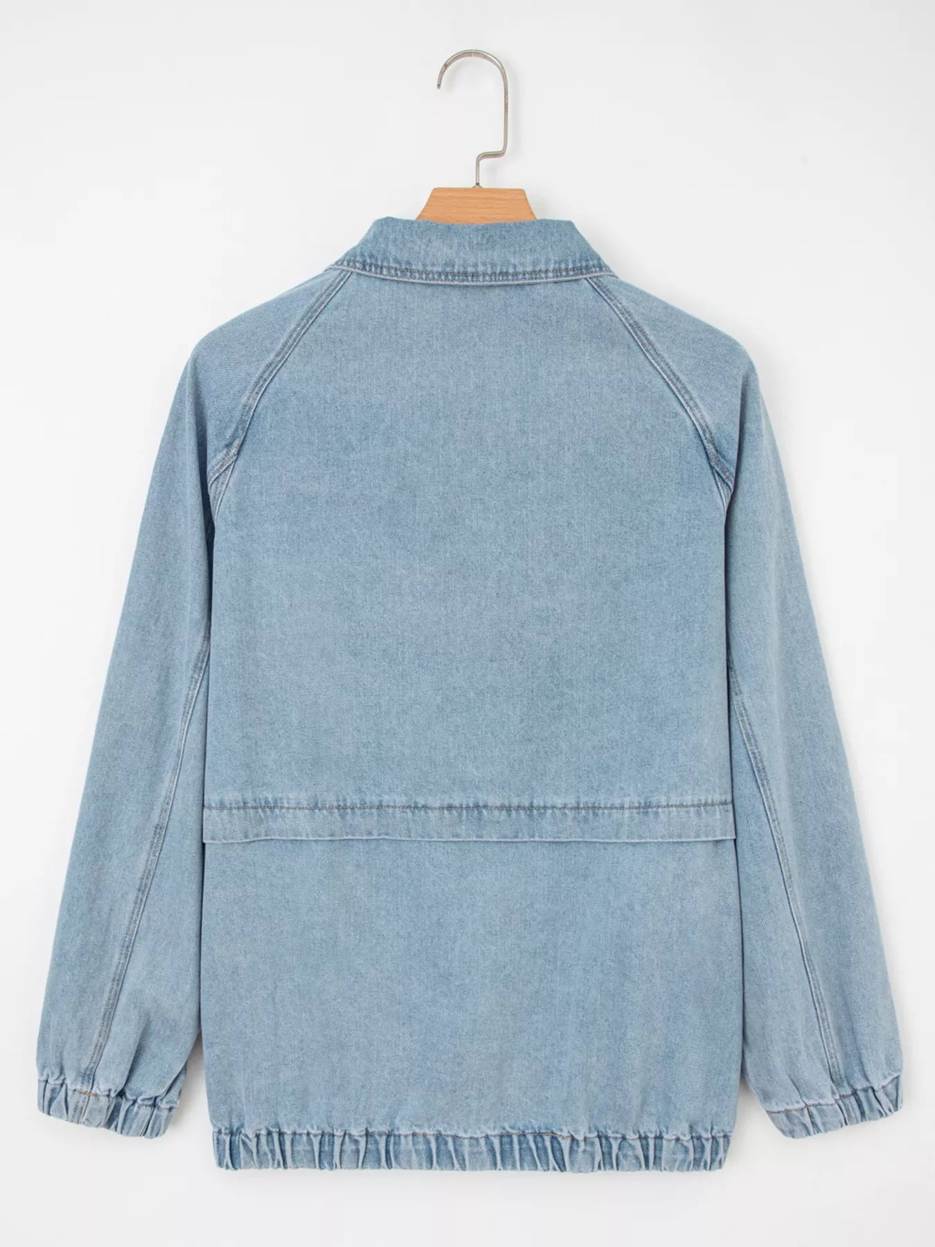 Elastic Edge Collared Zip Up Denim Jacket With Pocket | Denim Jackets Daverri Fashions
