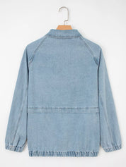 Elastic Edge Collared Zip Up Denim Jacket With Pocket | Denim Jackets Daverri Fashions