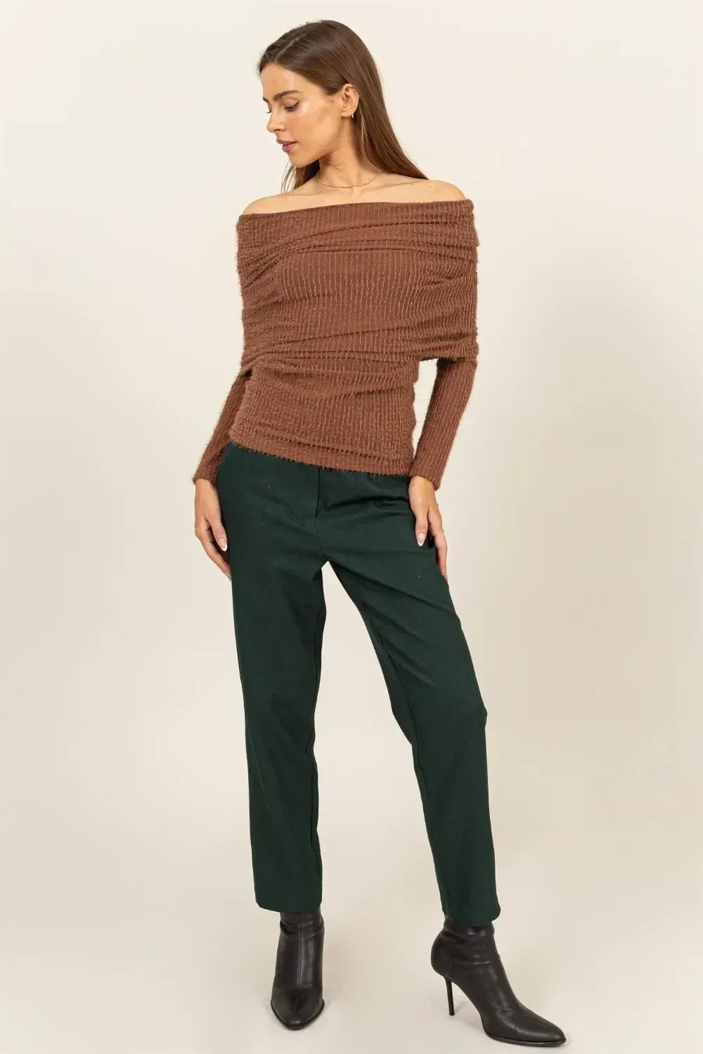 HYFVE Fuzzy Off Shoulder Textured Knit Top - DAVERRI FASHIONS