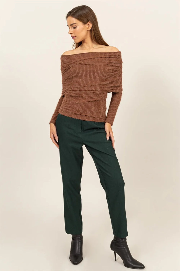 HYFVE Fuzzy Off Shoulder Textured Knit Top | Knit Tops Daverri Fashions