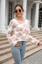 Angel Wings Round Neck Flower Pattern Dropped Shoulder Pullover Sweater | Sweaters Daverri Fashions