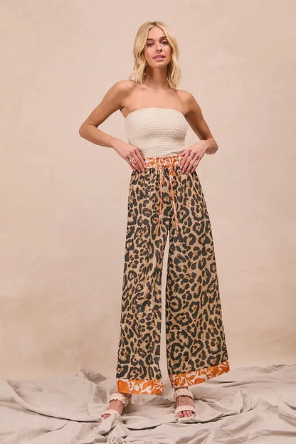 BiBi Leopard Print With Contrast Banded Wide Pants - DAVERRI FASHIONS