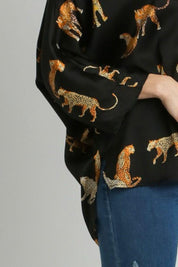 Umgee Full Size High-Low Satin Animal Print V-Neck Blouse Plus Size | Blouses Daverri Fashions