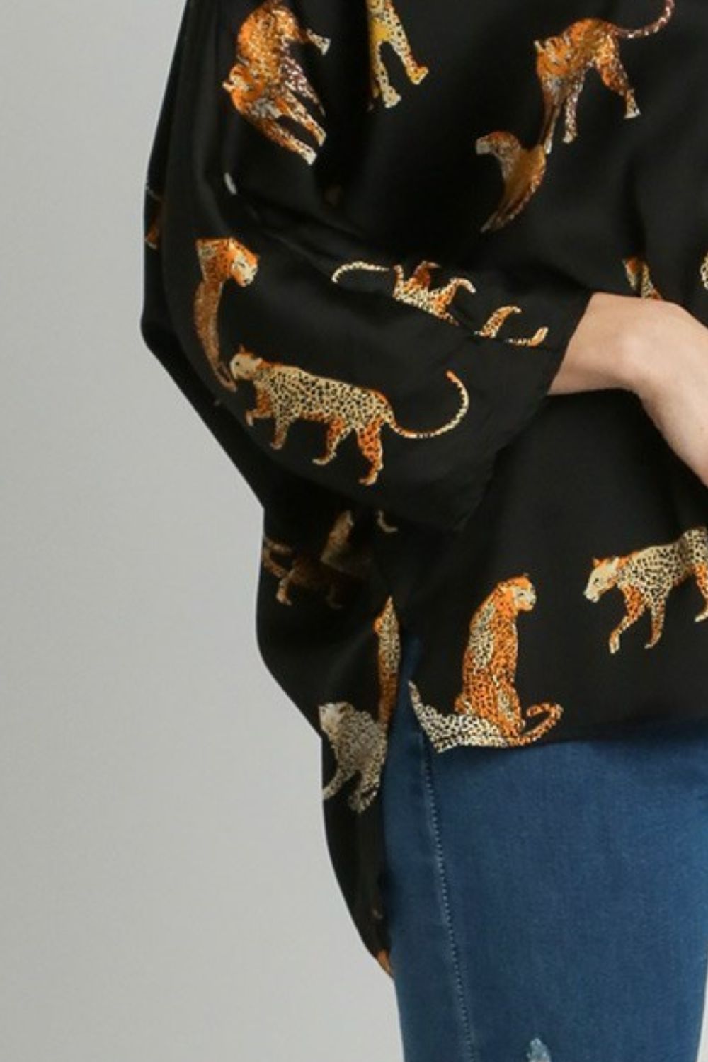 Umgee Full Size High-Low Satin Animal Print V-Neck Blouse Plus Size Blouses