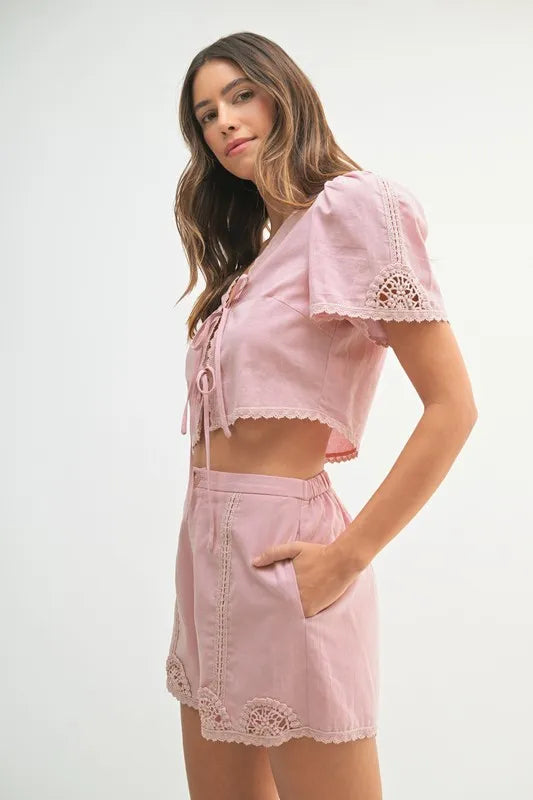 MABLE Crochet Lace Detail Crop Top and Shorts Set