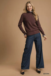 Umgee Ribbed Round Neck Sweater with Ruffle Contrast Trim | Sweaters Daverri Fashions