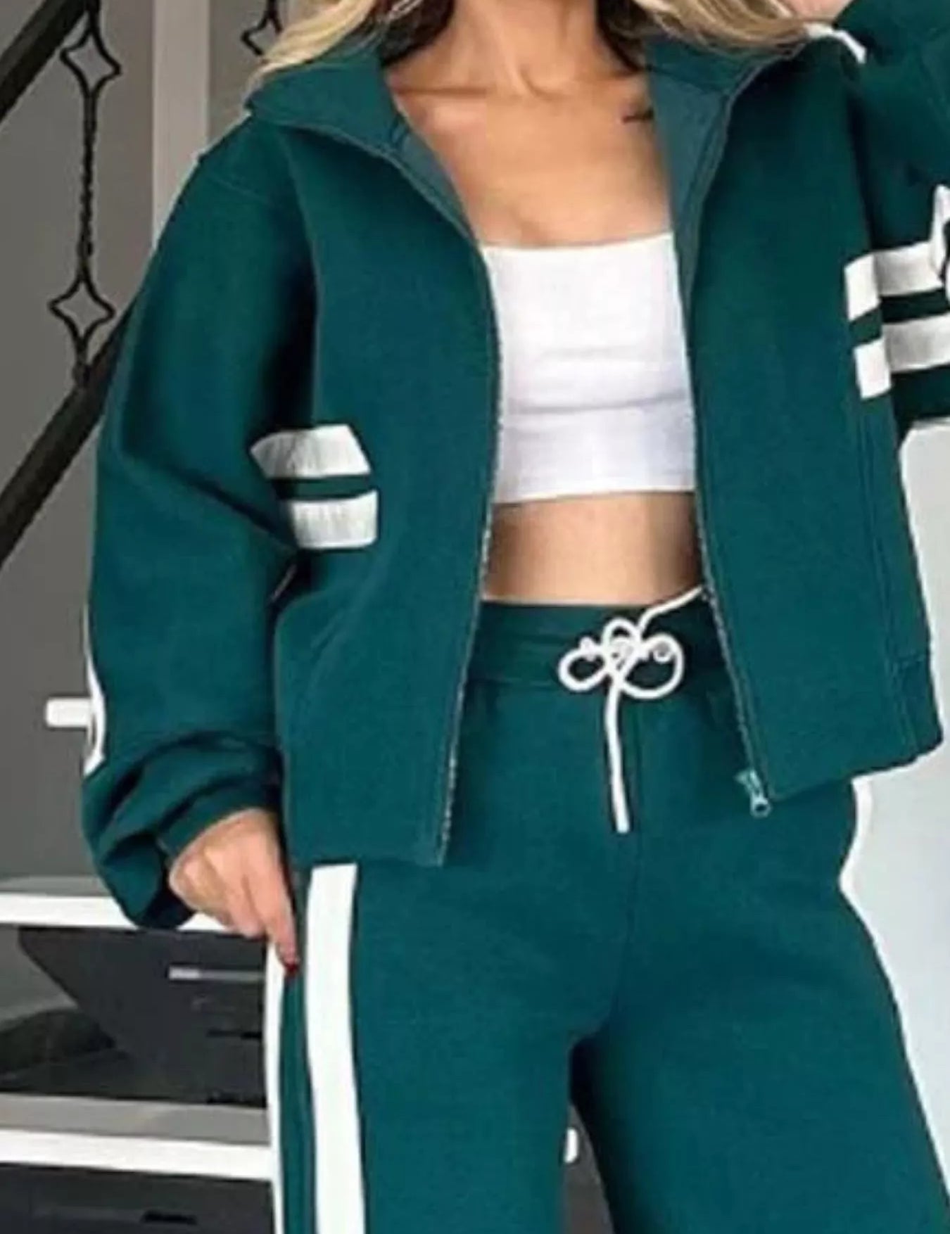 Full Size Contrast Stripe Zip Up Jacket and Pants Set Plus Size | Loungewear Sets Daverri Fashions