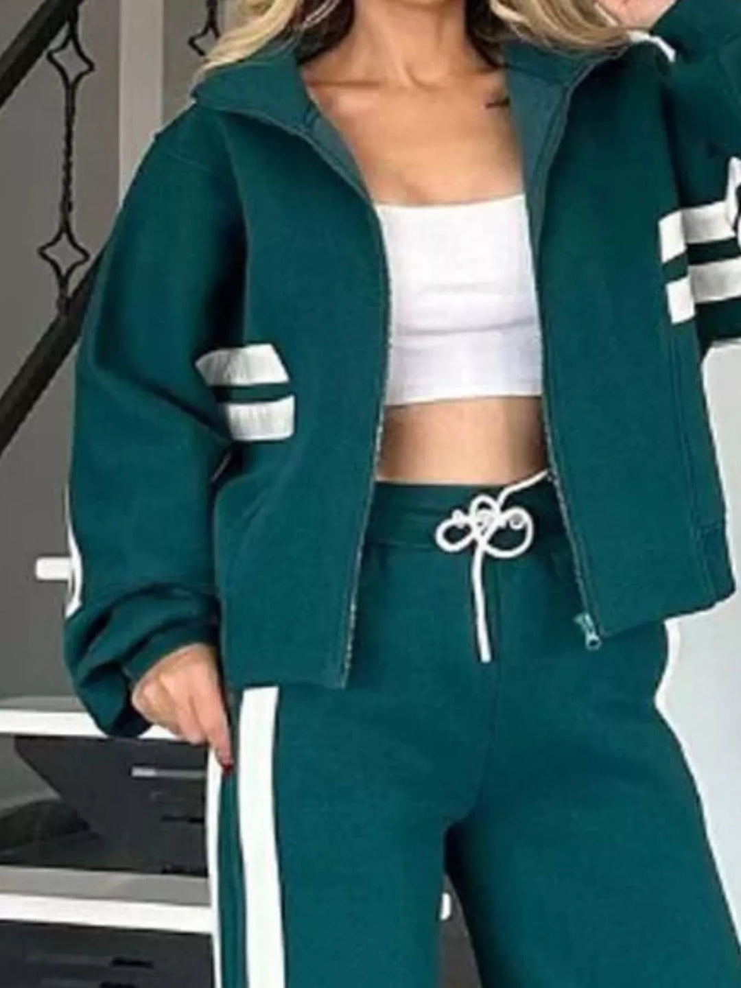Full Size Contrast Stripe Zip Up Jacket and Pants Set Plus Size | Loungewear Sets Daverri Fashions