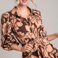Umgee Two Tone Floral Print Puff Sleeve Tie Waist Dress Brown Mini Dresses