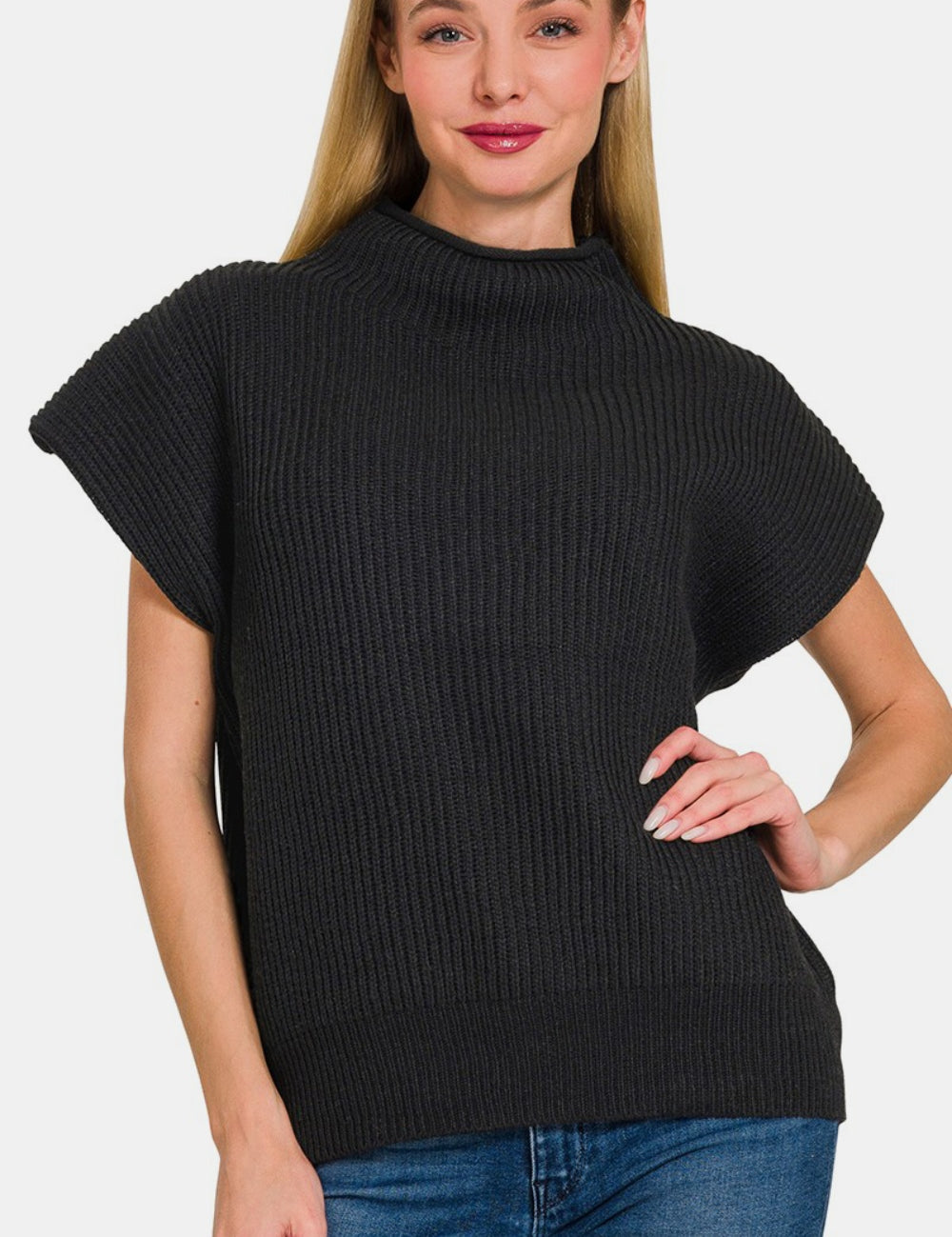 Black Short Sleeve Mock Neck Sweater Black Sweaters