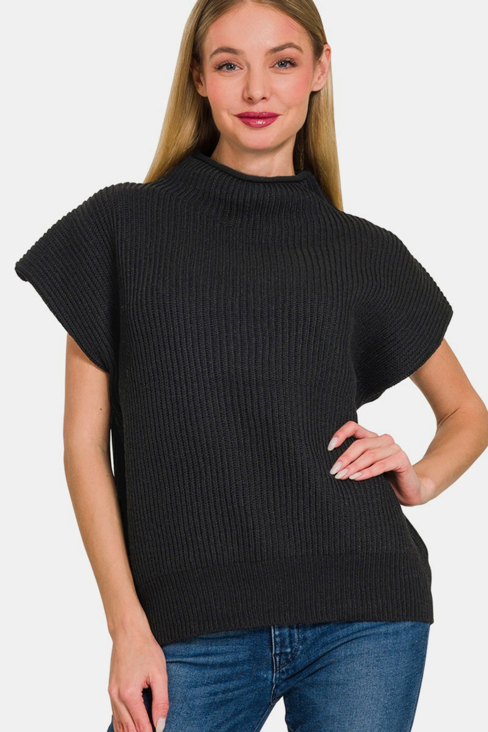 Black Short Sleeve Mock Neck Sweater Black Sweaters