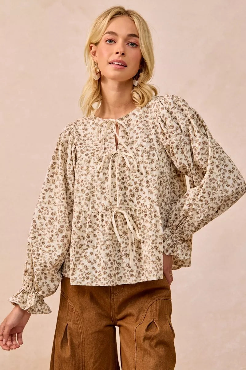 BiBi Floral Printed Peplum Blouse with Shirring and Tied | Blouses Daverri Fashions