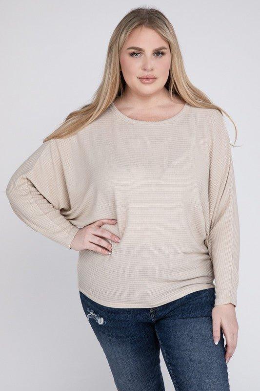 Zenana Plus Batwing Sleeve Knit Top-Casual Comfort Shirts & Tops