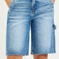RISEN high-rise Bermuda denim shorts with frayed hem, cargo pockets