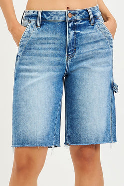 RISEN high-rise Bermuda denim shorts with frayed hem, cargo pockets
