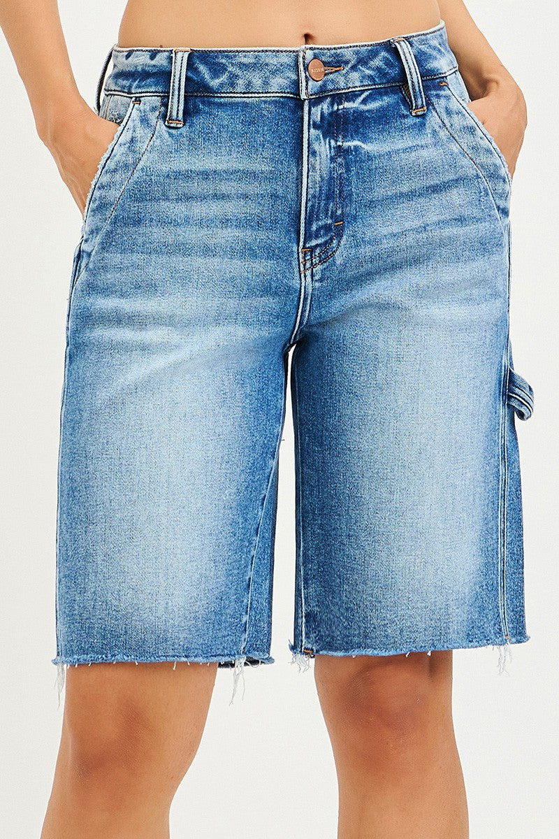 RISEN high-rise Bermuda denim shorts with frayed hem, cargo pockets