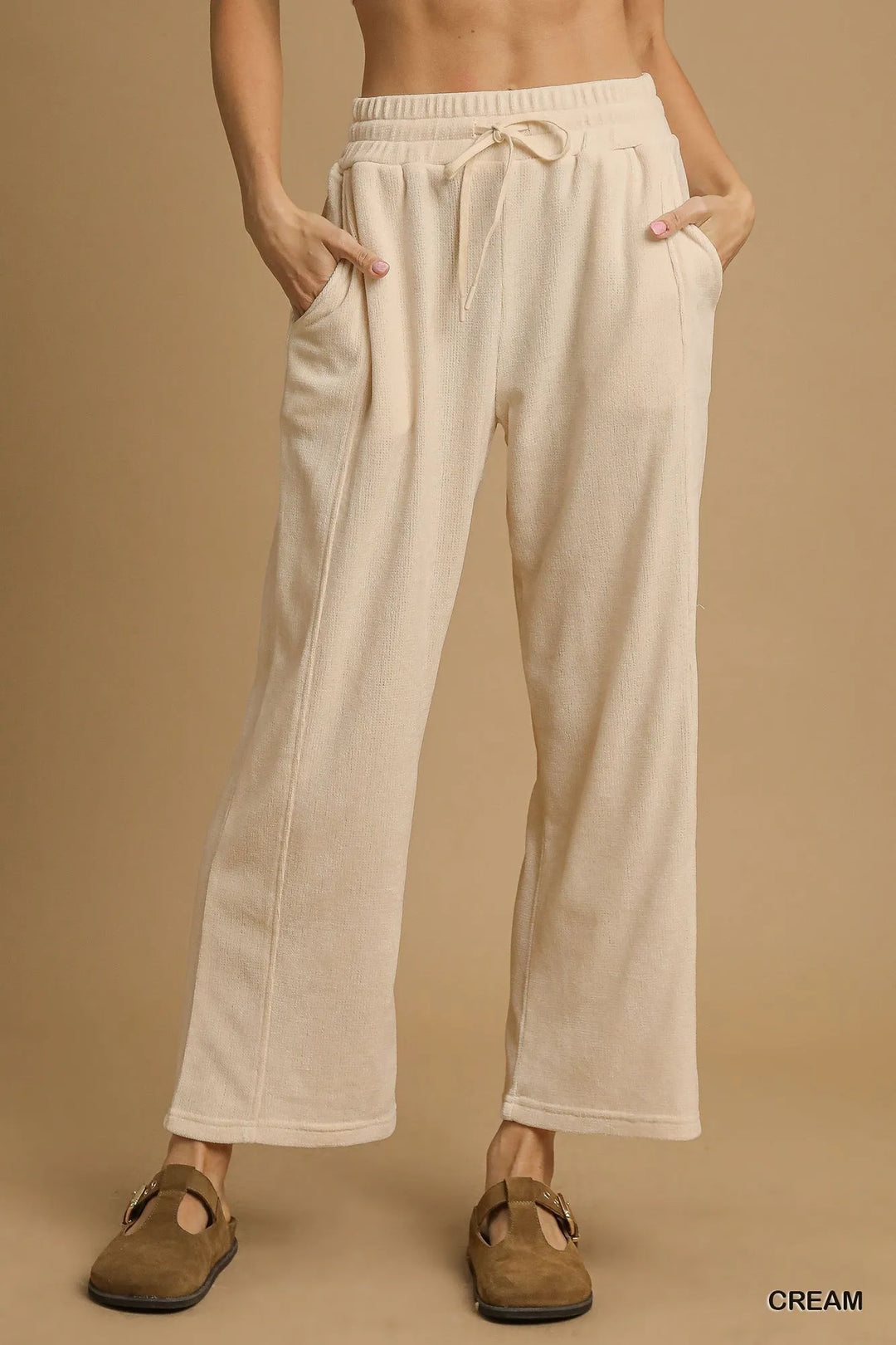 Umgee Drawstring Wide Leg Pants Cream Pants