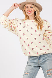 SAGE + FIG Heart Printed Contrast Long Sleeve Sweatshirt Tops