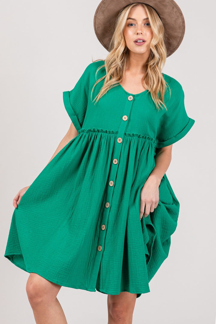 SAGE + FIG Full Size Button Up Short Sleeve Dress Kelly Green Knee Length Dresses