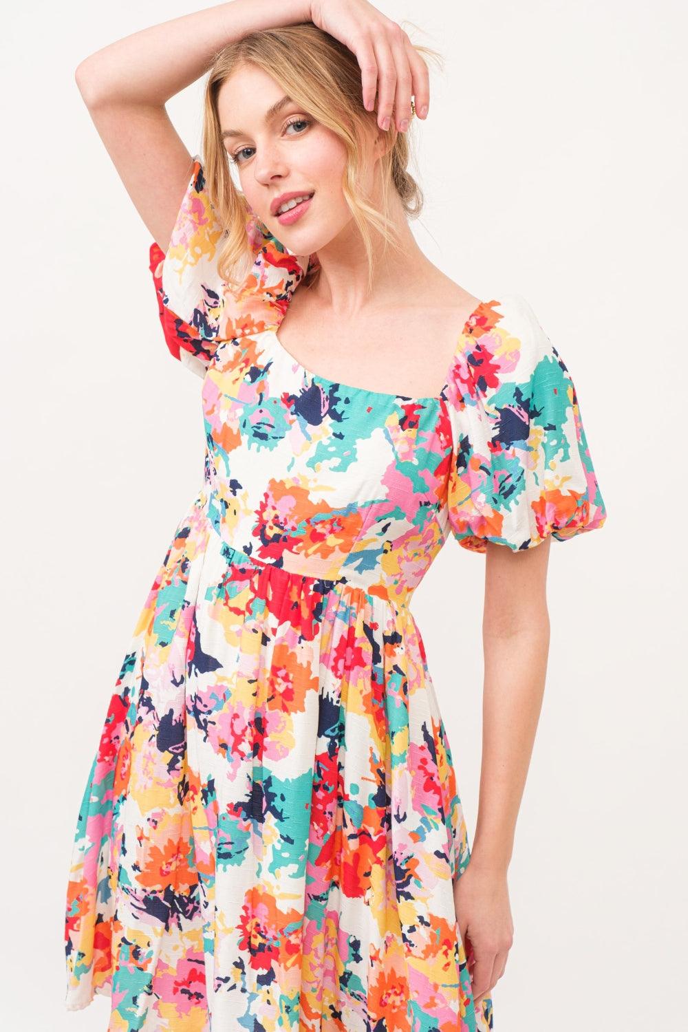 And The Why Square Neck Puff Sleeve Floral Dress Knee Length Dresses