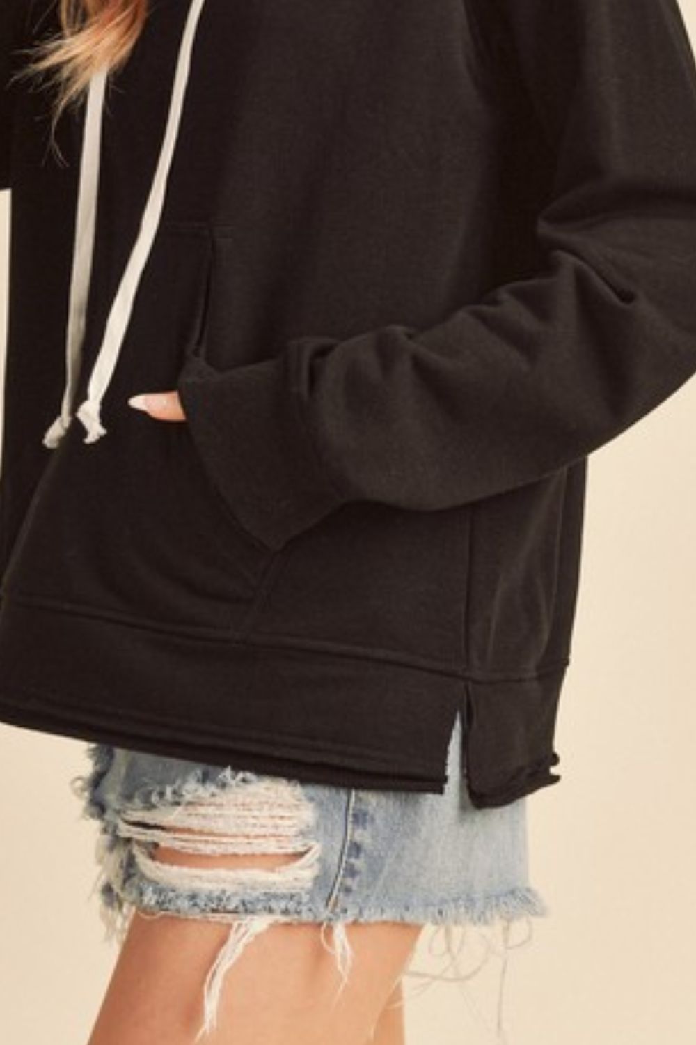 Aemi + Co Raw Hem Kangaroo Pocketed Drawstring Hoodie Hoodies