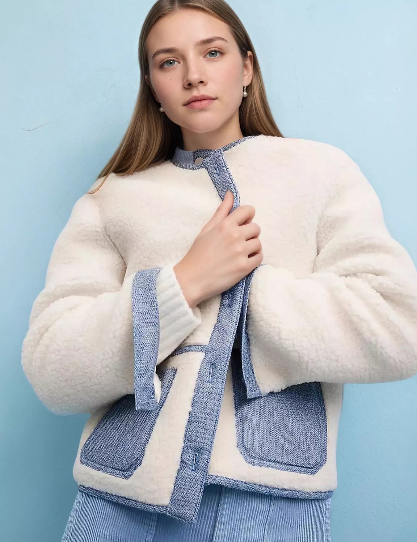 White Contrast Trim Teddy Jacket | Jackets Daverri Fashions