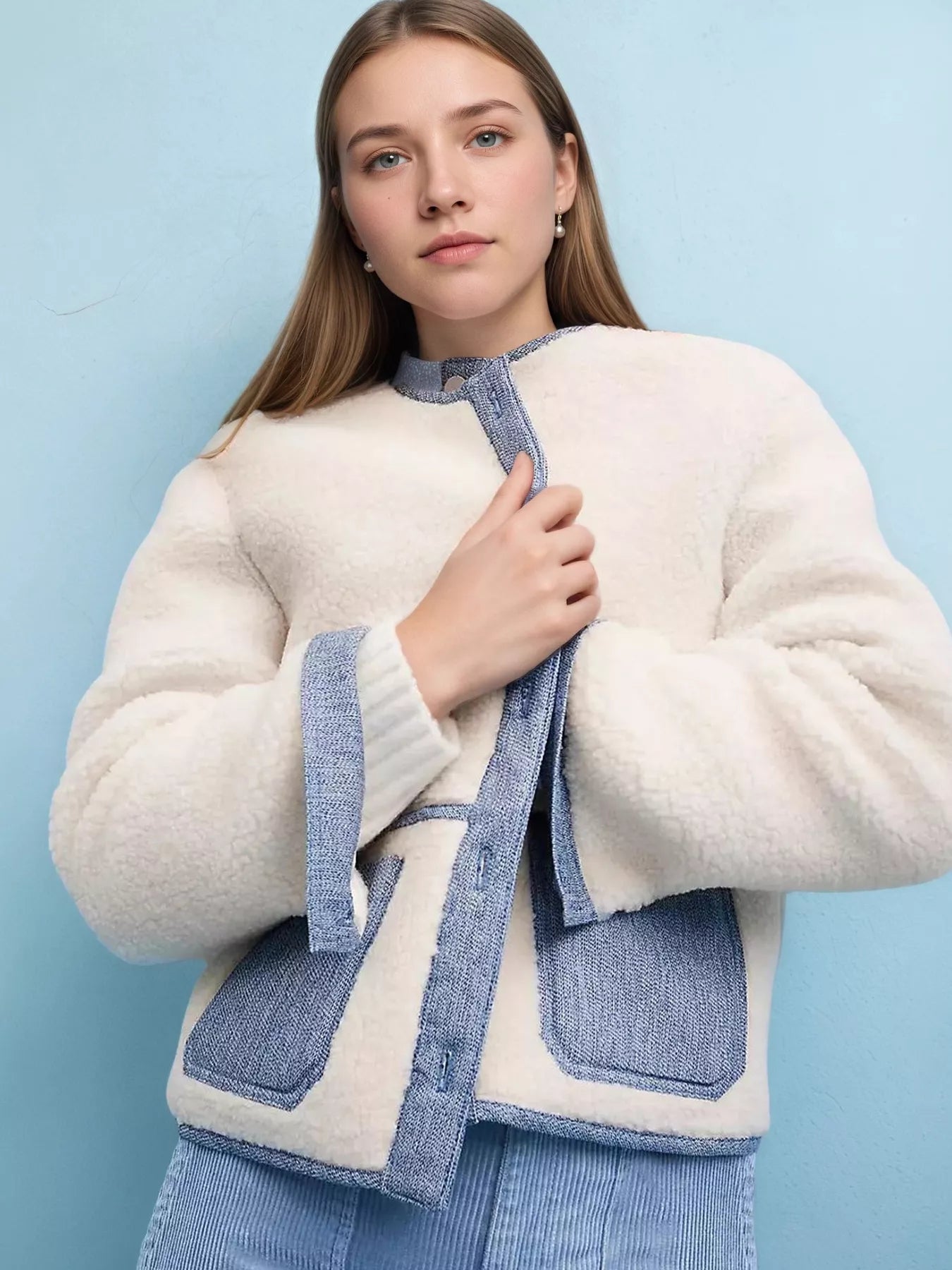 White Contrast Trim Teddy Jacket | Jackets Daverri Fashions