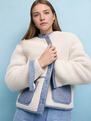 White Contrast Trim Teddy Jacket | Jackets Daverri Fashions