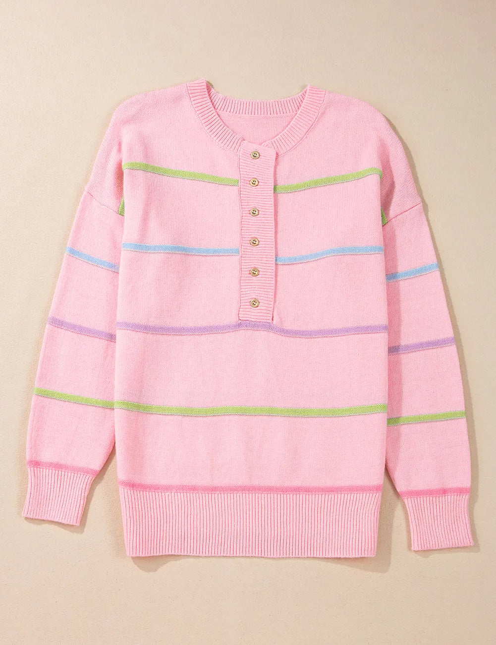 Blush Pink Contrast Striped Half Button Round Neck Sweater | Sweaters Daverri Fashions