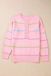 Blush Pink Contrast Striped Half Button Round Neck Sweater | Sweaters Daverri Fashions