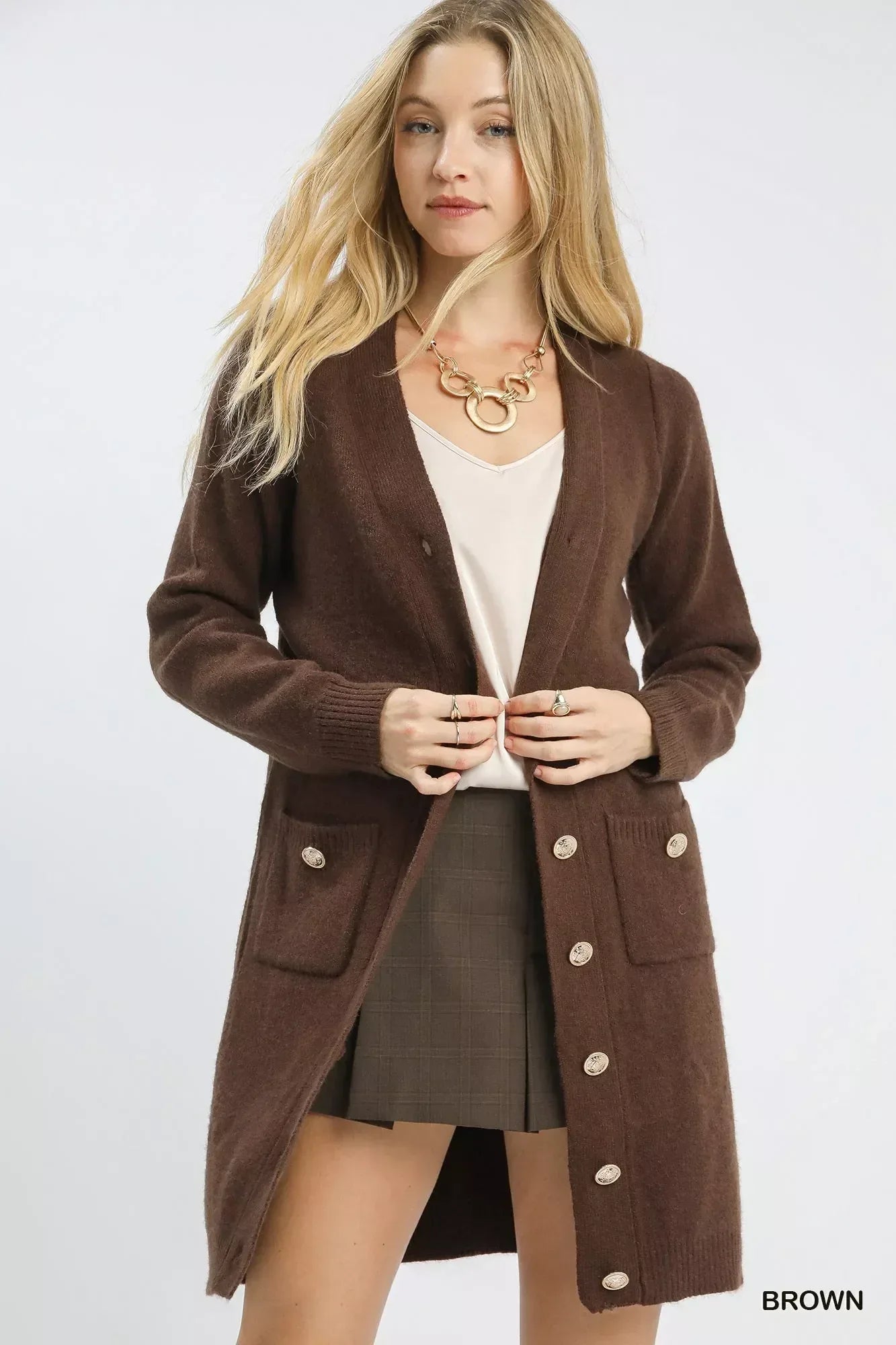 Umgee Button-Down Longline Sweater Cardigan with Front Pockets - DAVERRI FASHIONS