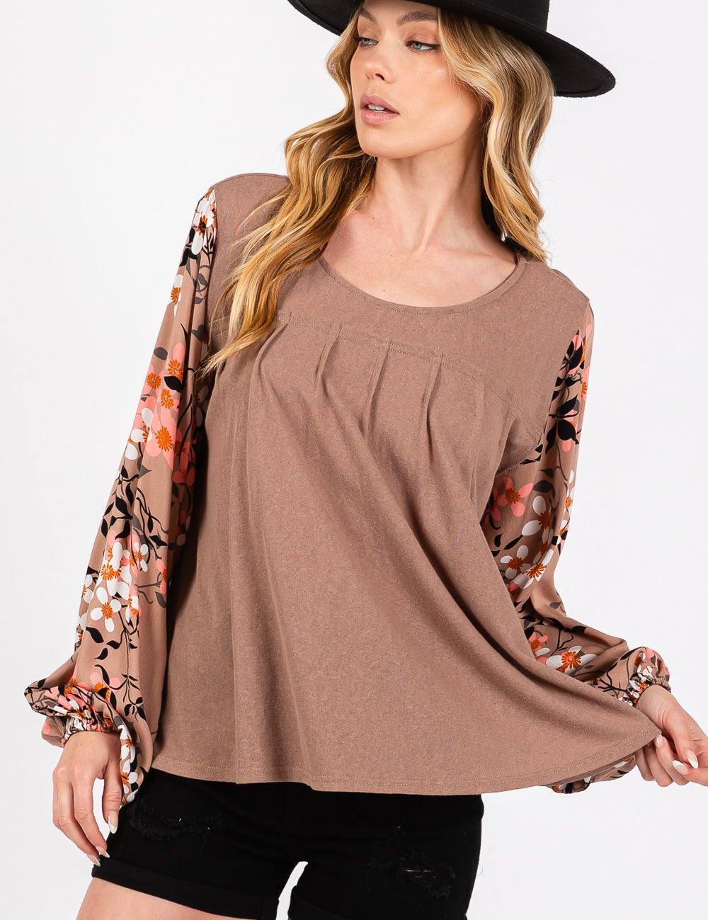 SAGE + FIG Floral Long Sleeve Front Pleated Detail Blouse Brown