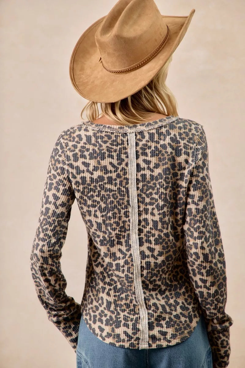 BiBi Leopard Print Washed Waffle Thermal Top with Thumb | Knit Tops Daverri Fashions