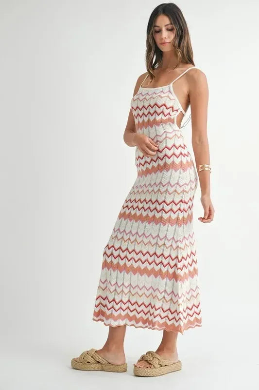 MABLE Lightweight Pointelle Chevron Knit Maxi Dress - DAVERRI FASHIONS