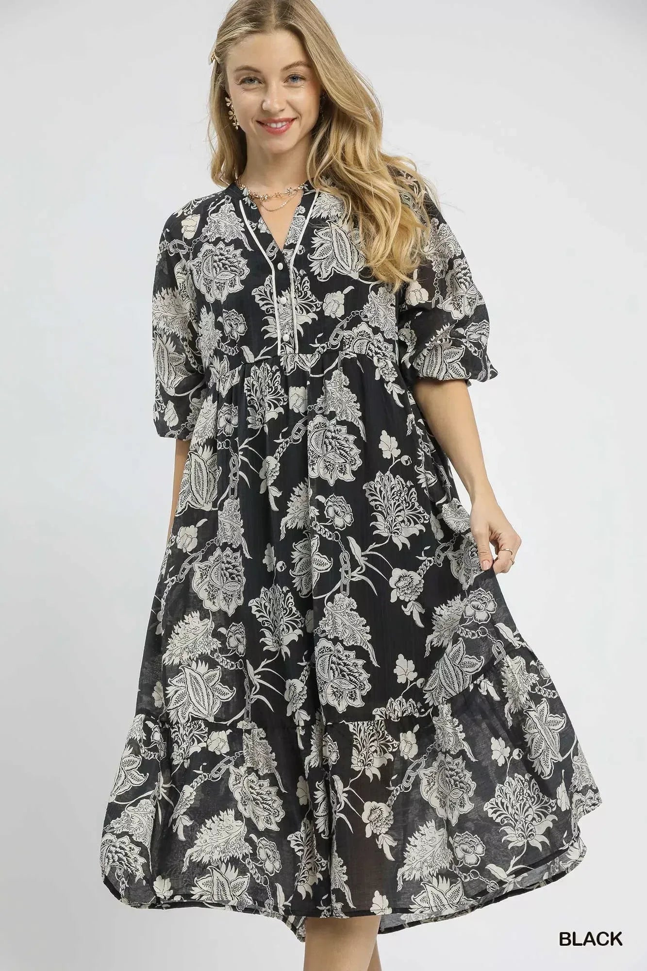 Umgee Floral Print Boho Midi Dress - DAVERRI FASHIONS