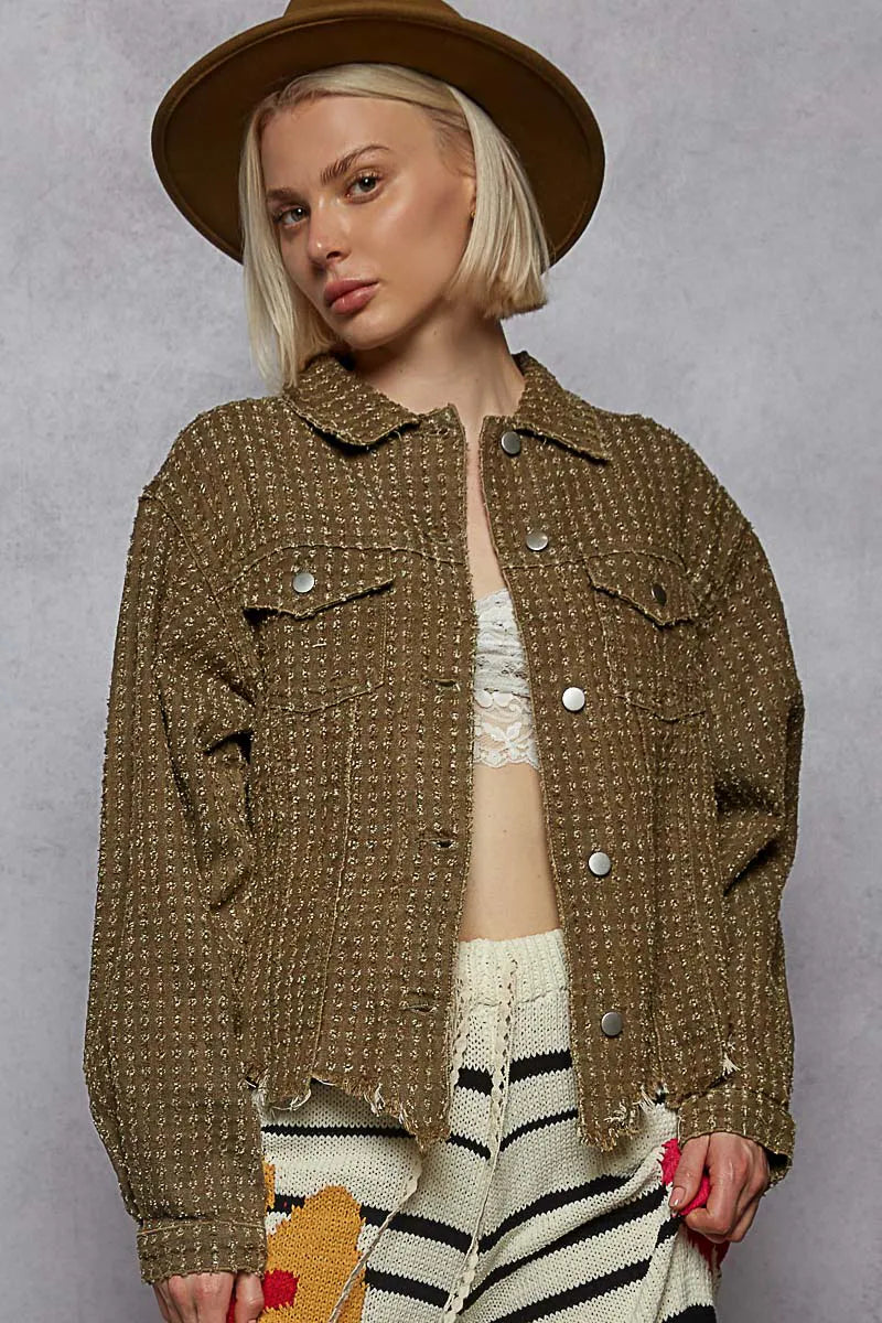 POL Raw Hem Button Up Jacket with Chest Pockets Jackets