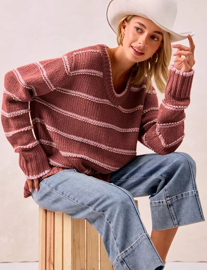 MARSALA BiBi Striped Long Sleeve Sweater | Sweaters Daverri Fashions
