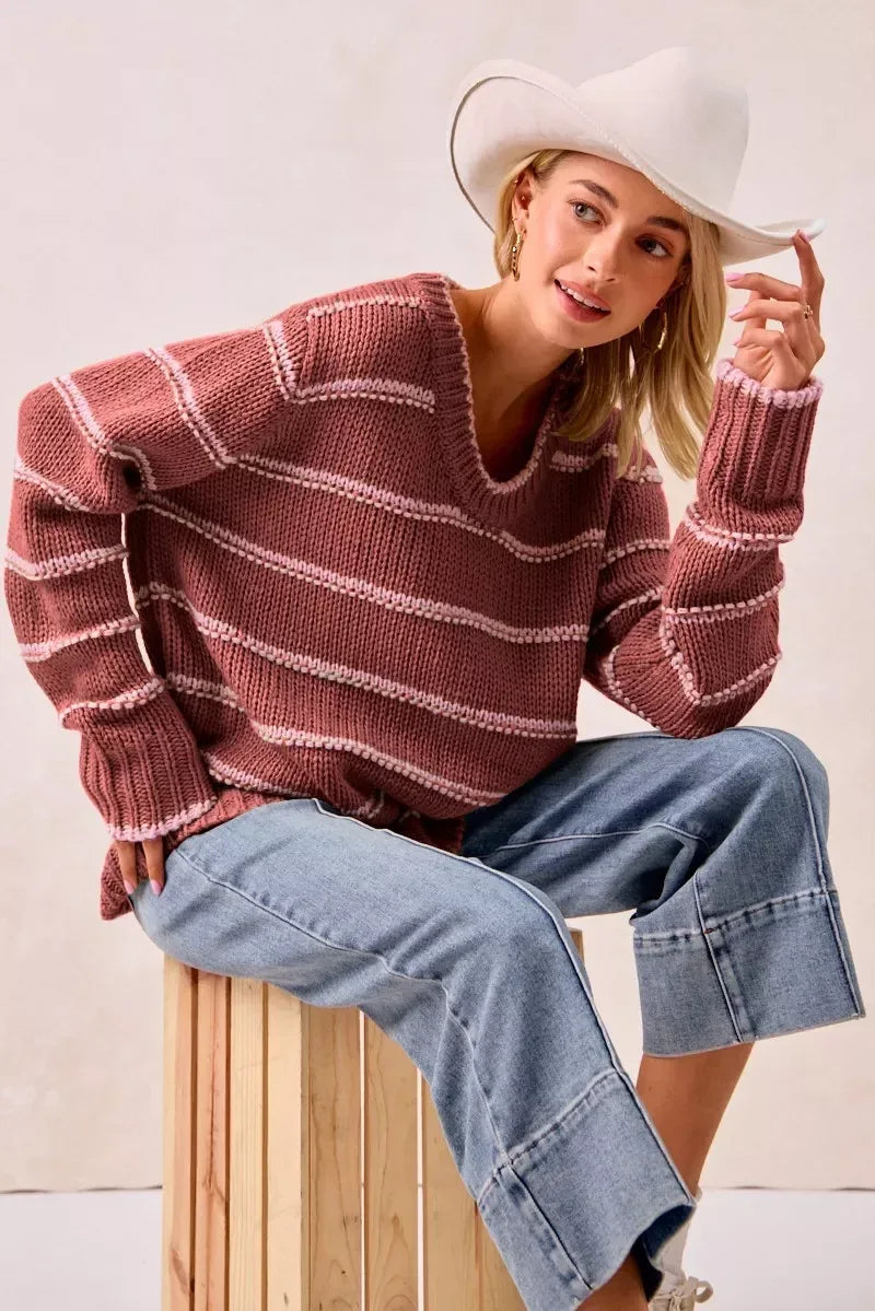 BiBi Striped Long Sleeve Sweater - DAVERRI FASHIONS