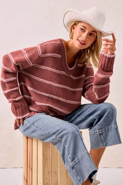 BiBi Striped Long Sleeve Sweater - DAVERRI FASHIONS