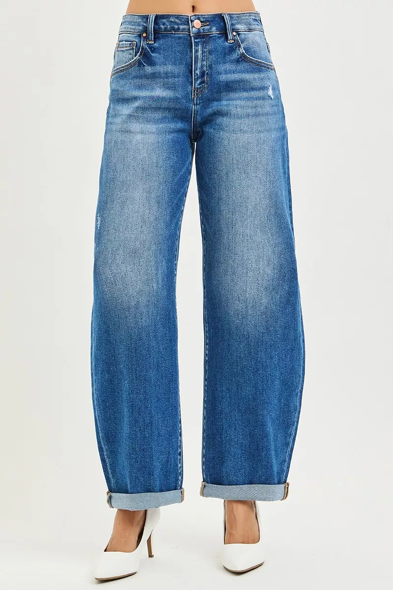 Blue faded wash wide-leg Risen jeans with rolled cuffs, plus size
