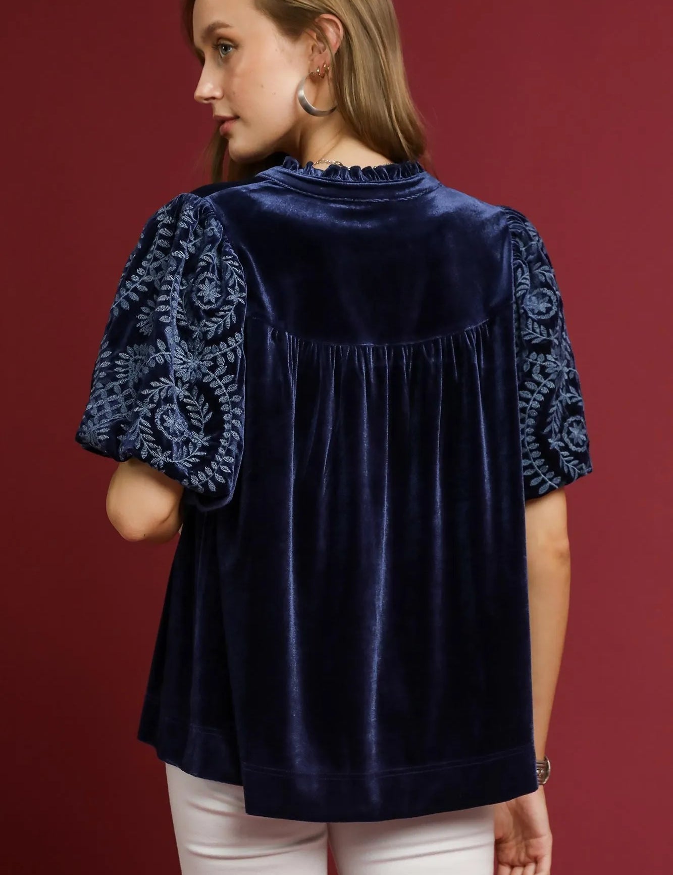 Umgee Velvet Embroidered Sleeve Blouse | Blouses Daverri Fashions